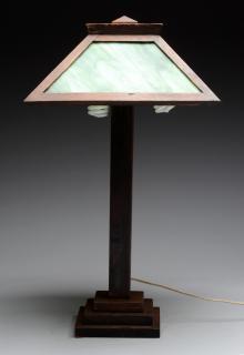 Appraisal: Mission Arts Crafts Lamp with Slag Glass Shade Displays nice