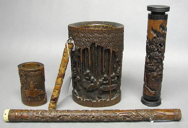 Appraisal: A group of five bamboo carvings The first a large