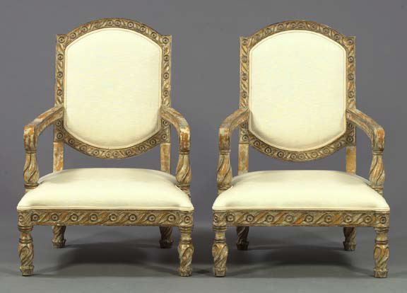 Appraisal: Pair of Monumental Fruitwood Fauteuils of Continental origin of Baronial