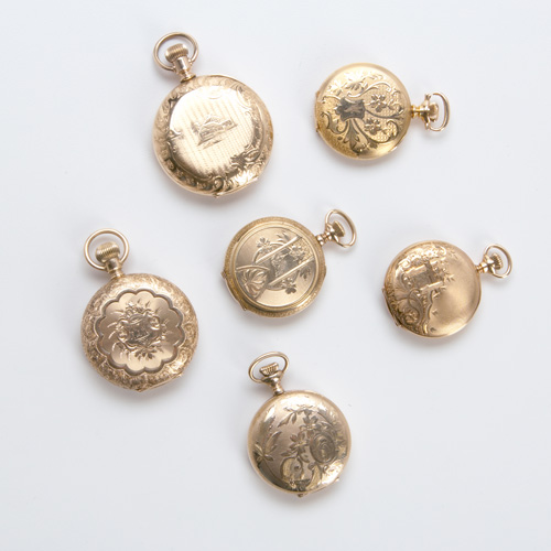 Appraisal: Six ornate hunt-case ladies pocket watches three k yg by