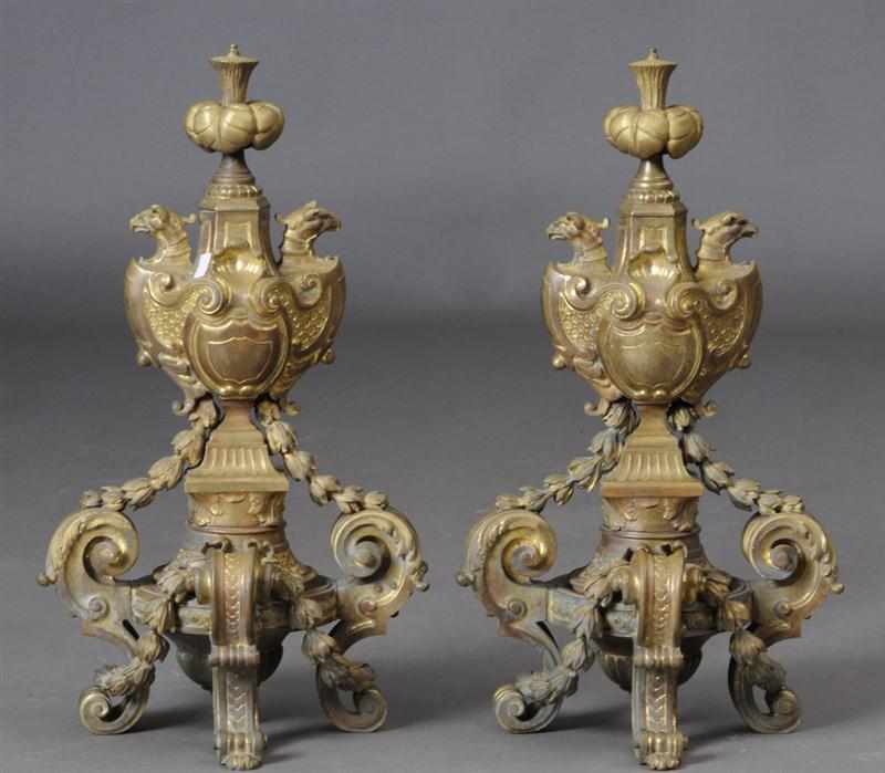 Appraisal: PAIR OF CONTINENTAL BAROQUE STYLE GILT-METAL ANDIRONS Each urn stem