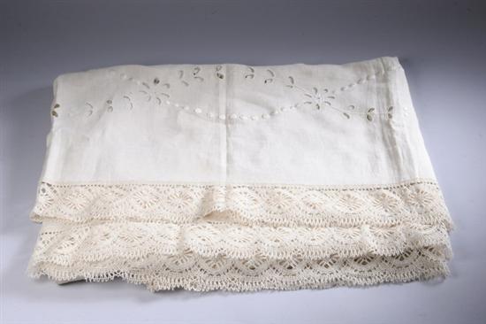 Appraisal: NEAR PAIR EMBROIDERED ECRU LINEN CUTWORK COVERLETS FOR TWIN-SIZE BEDS