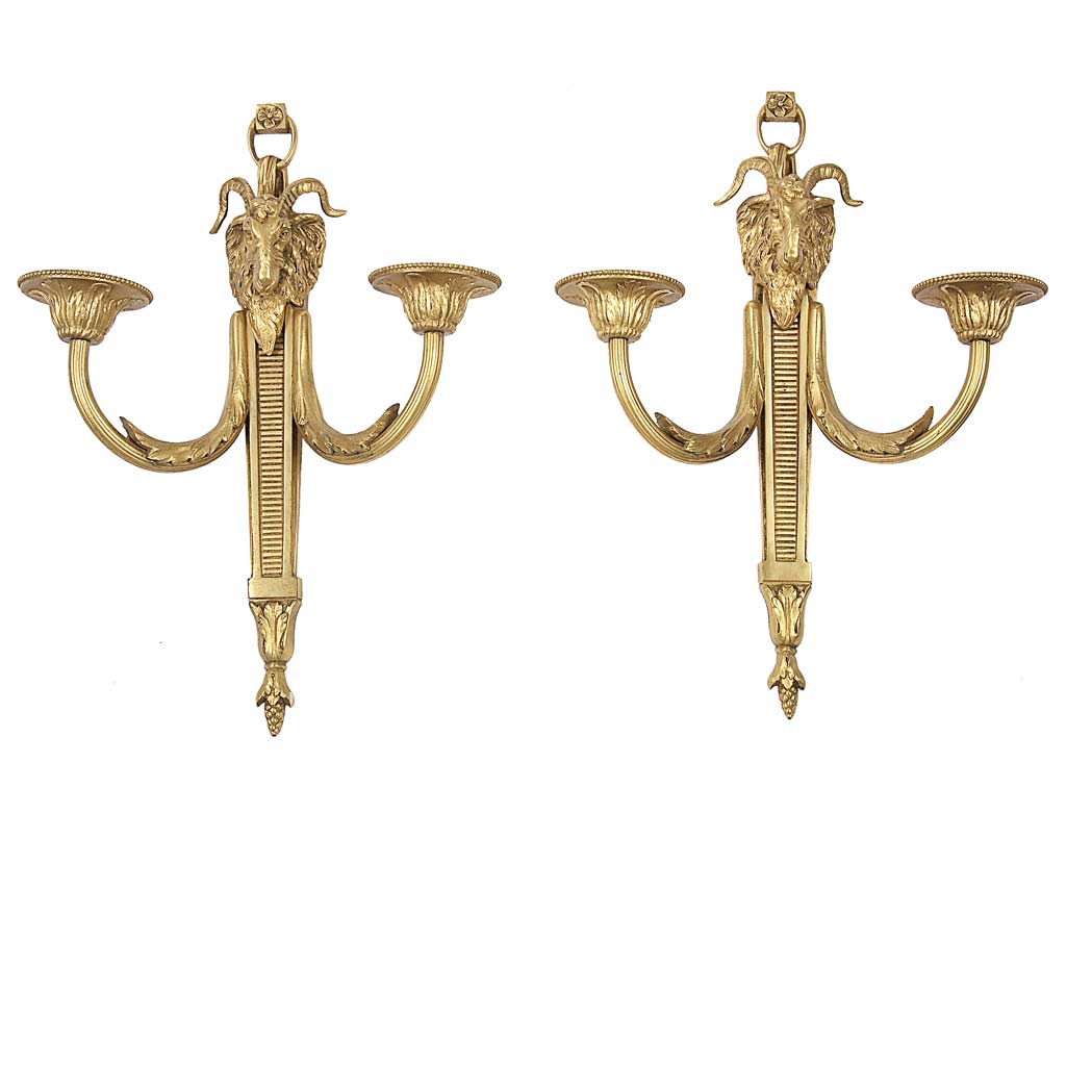 Appraisal: Pair of Louis XVI Style Gilt-Bronze Two-Light Sconces Each tapering