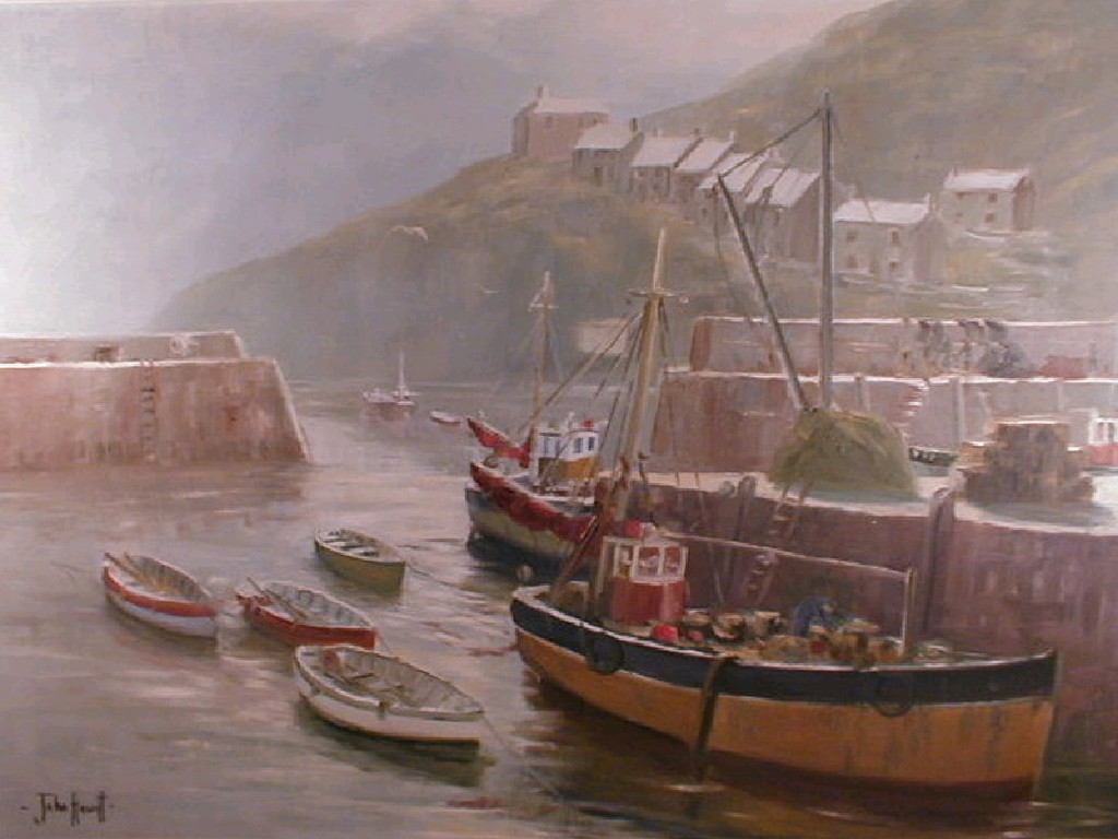 Appraisal: John Hewitt thC Moored fishing boats within harbour walls oil