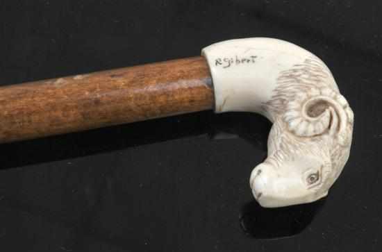 Appraisal: An ivorine rams head handled walking stick th century signed