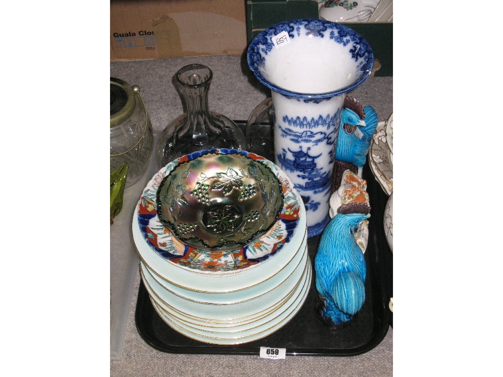 Appraisal: Tray lot of assorted items to include glass decanters carnival