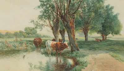 Appraisal: Charles Collins British - Cows watering Watercolor on paper signed