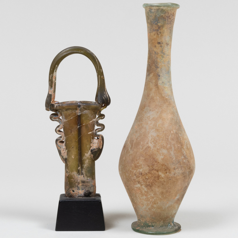 Appraisal: Two Roman Glass Vessels One a Double Unguentarium The tallest