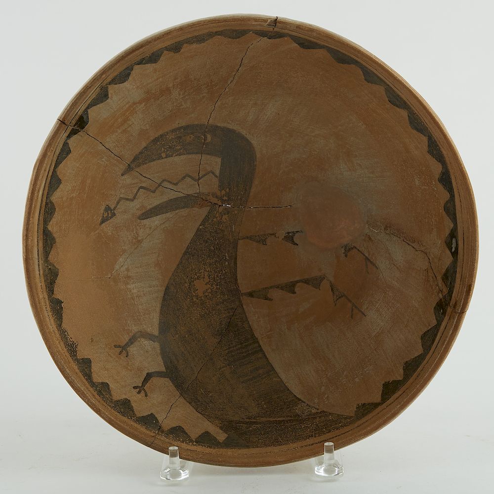 Appraisal: Mimbres Bowl with Feathered Serpent Mimbres pottery bowl depicting a