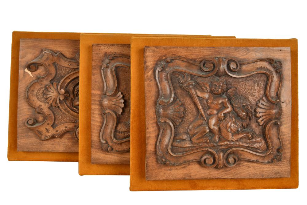 Appraisal: THREE FRENCH CARVED WOOD PLAQUESProvenance The Estate of Tony Charmoli