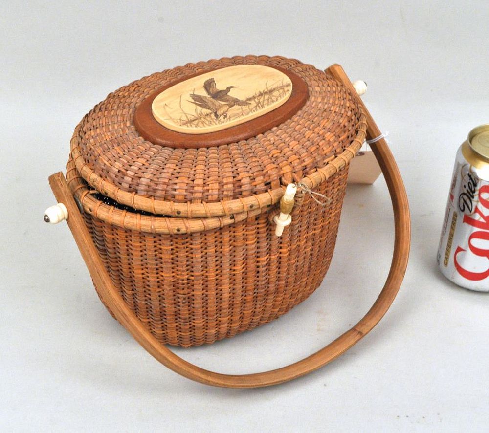 Appraisal: Vintage Nantucket Lightship Basket Purse with ivorite polymer plaque on