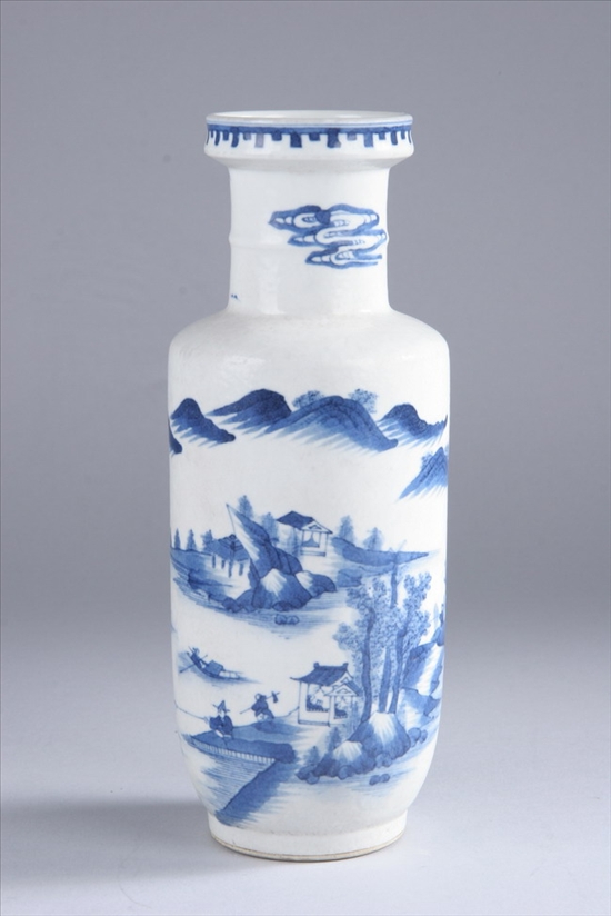 Appraisal: CHINESE BLUE AND WHITE PORCELAIN ROULEAU VASE Qing Dynasty Riverscape