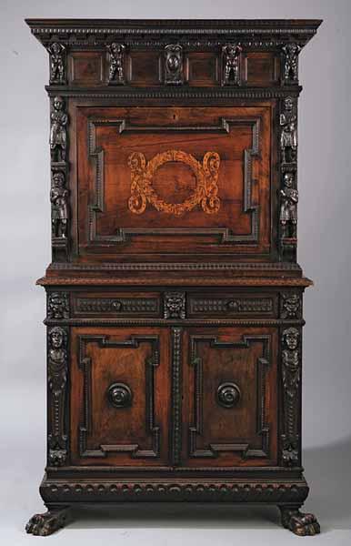 Appraisal: An Antique Continental Baroque Carved Oak Secretaire Abattant the rectangular