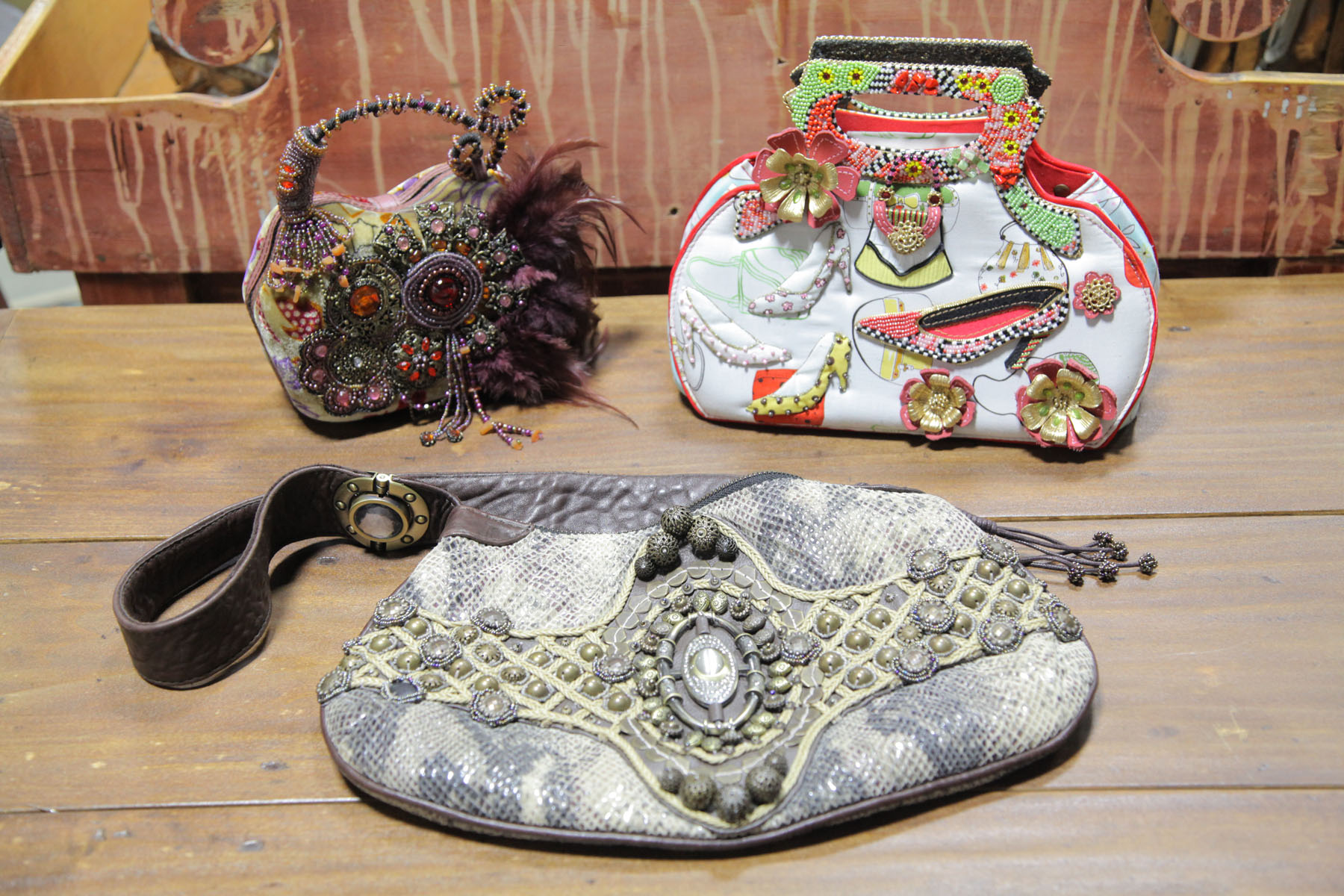 Appraisal: THREE MARY FRANCES HANDBAGS California modern Polychrome elaborately embellished handbags