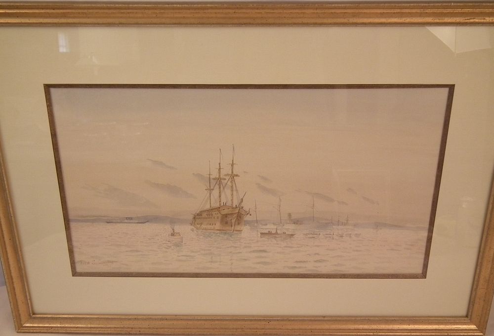 Appraisal: FRED COZZENS MARINE PAINTING Antique watercolor seascape painting depicting many