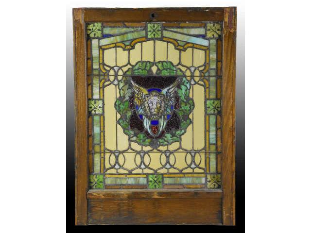 Appraisal: Antique Stained and Leaded Glass Window Description Lion head Circa