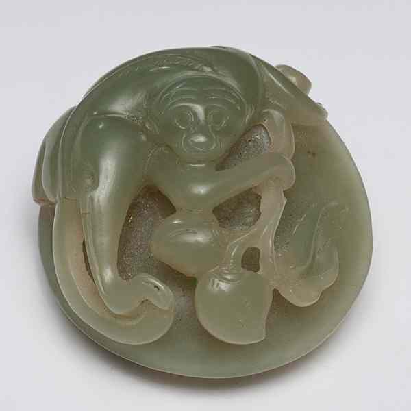 Appraisal: Chinese Carved Jade Monkey Chinese Celadon green jade meant as