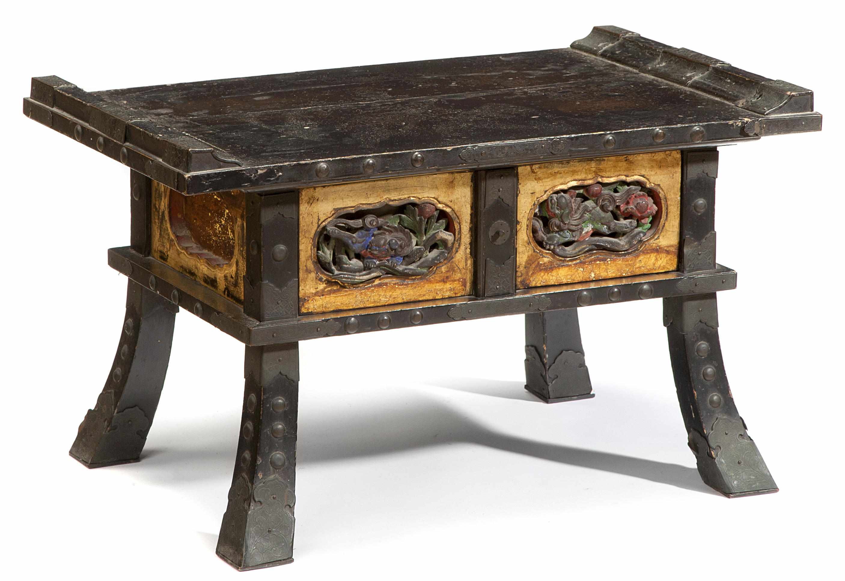 Appraisal: A Japanese lacquered polychrome decorated and patinated metal mounted low