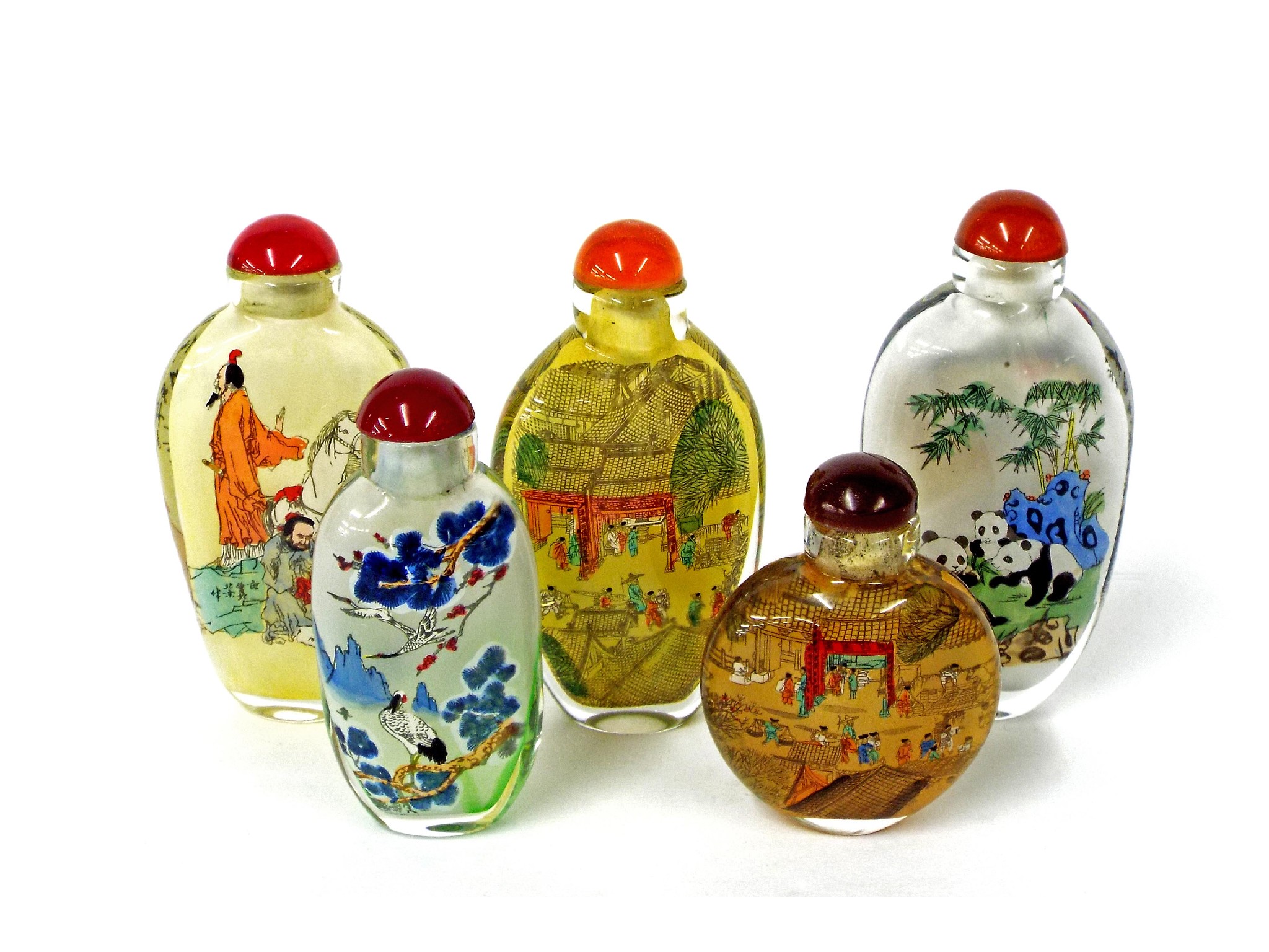 Appraisal: Collection of five Chinese reverse glass painted snuff bottles decorated