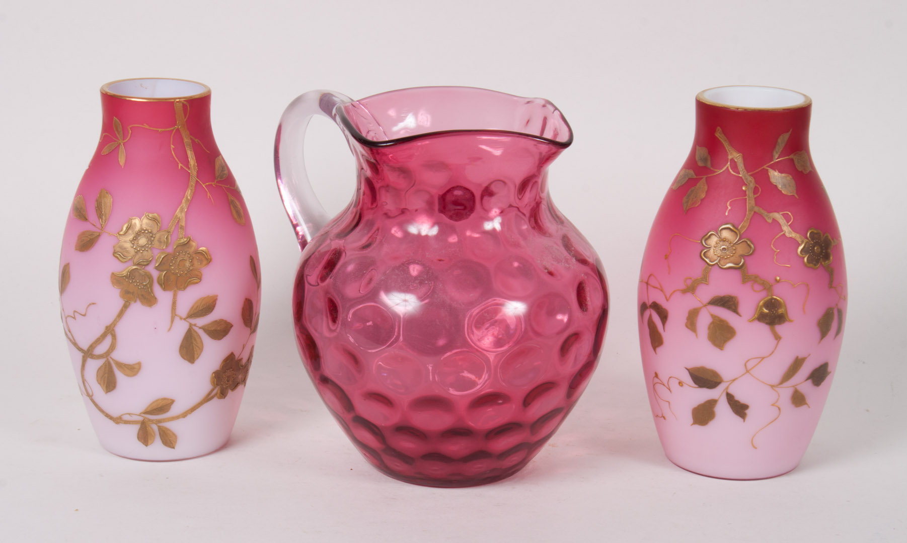 Appraisal: Pr of cased glass vases cranberry glass pitcher first quarter-