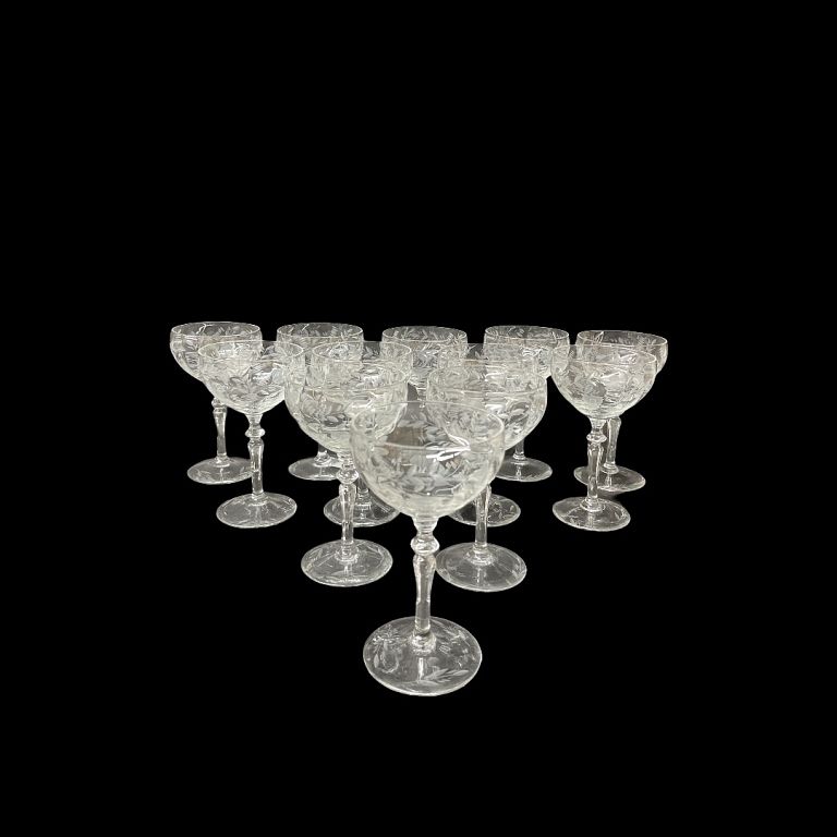 Appraisal: Floral Etch Design Crystal Wine Glasses Floral Etch Design Crystal