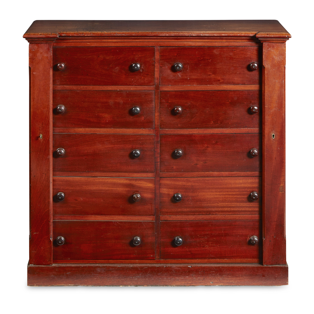 Appraisal: VICTORIAN MAHOGANY DOUBLE WELLINGTON CHEST TH CENTURY the inverted breakfront