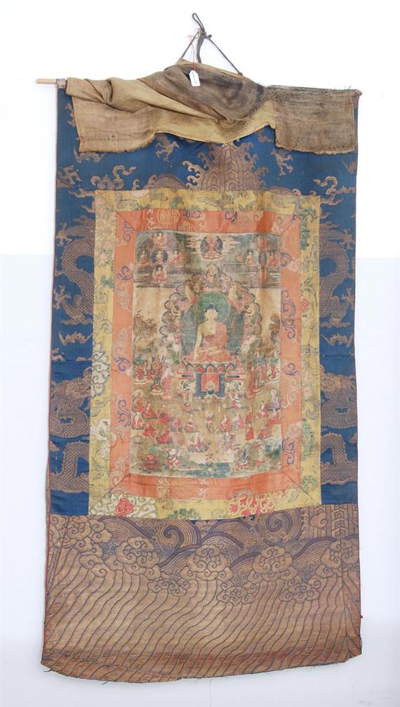 Appraisal: THANGKA OF SHAKYAMUNI Tibet th th c x cm Mounted