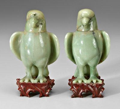 Appraisal: Pair Chinese hardstone eagles green stone with black veining carved