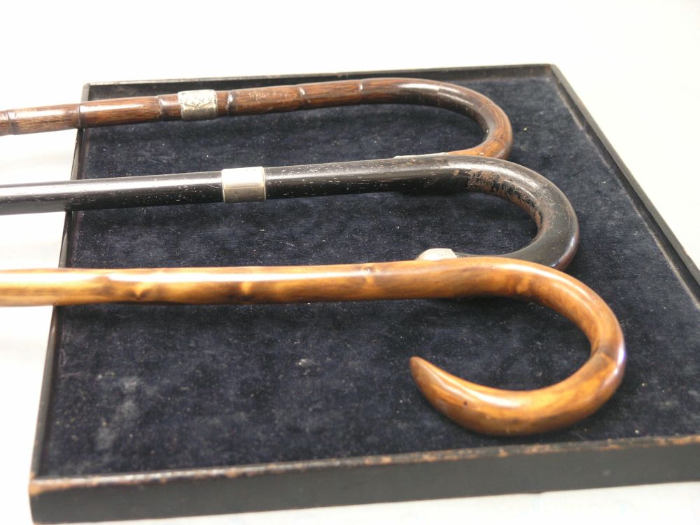 Appraisal: Two silver mounted walking sticks and a spiral carved walking