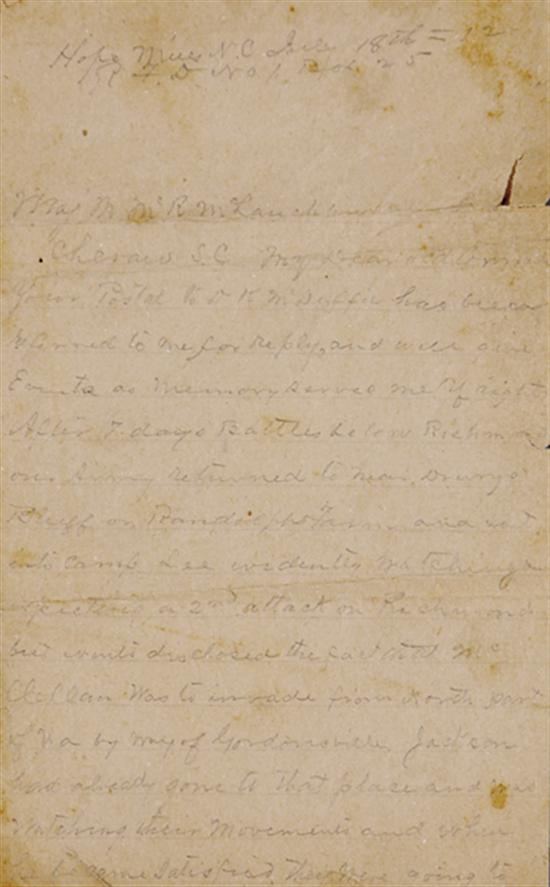 Appraisal: Letter detailing Civil War battles circa written in pencil by