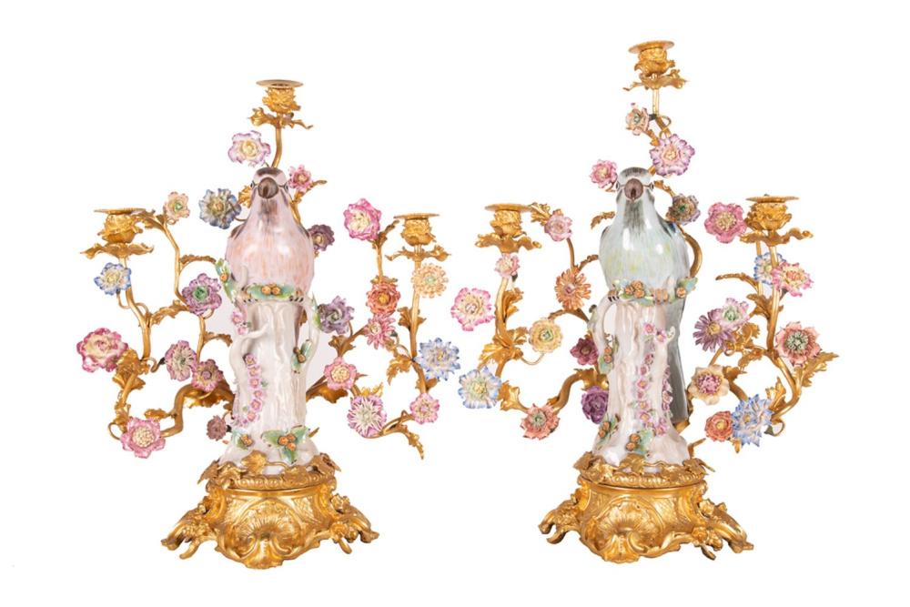 Appraisal: PAIR OF ROCOCO GILT BRONZE PORCELAIN CANDELABRA inches wide inches