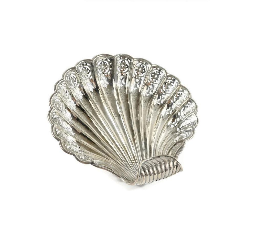 Appraisal: English Sterling Silver Pierced Shell Dish English sterling silver pierced