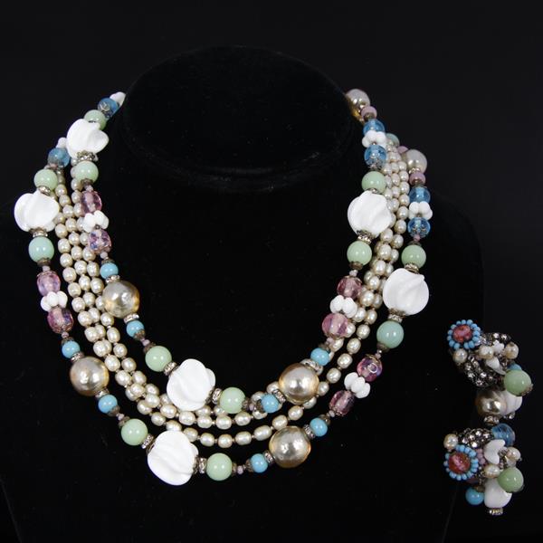 Appraisal: Miriam Haskell pc Pastel Layered Necklace Clip Earrings