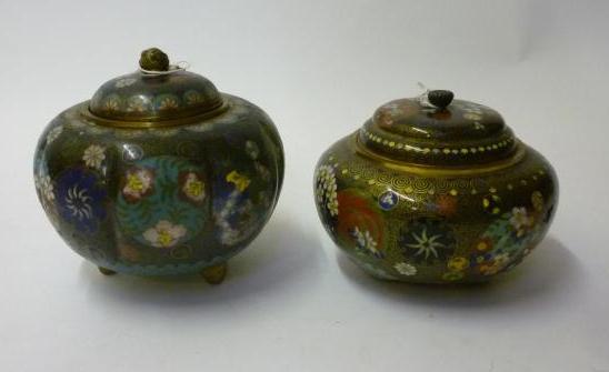 Appraisal: TWO CLOISONNE ENAMEL JARS AND COVERS both of squat globular