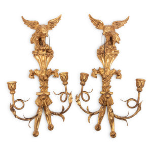 Appraisal: A Pair of Regency Style Giltwood Two-Light Sconces th Century