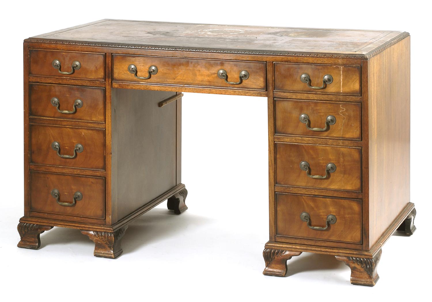 Appraisal: GEORGIAN-STYLE KNEEHOLE DESK in mahogany veneers with molded top edge