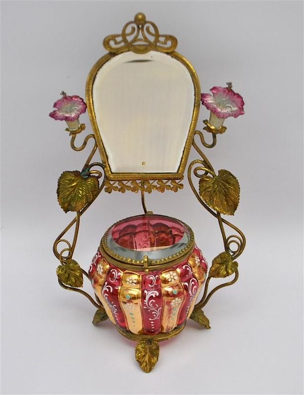 Appraisal: ART NOUVEAU BOHEMIAN CRANBERRY VANITY STAND Art Nouveau - s