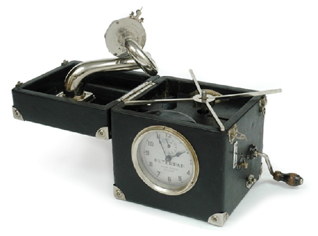 Appraisal: Peter Pan Alarm Clock Gramophone English circa wind-up portable gramophone