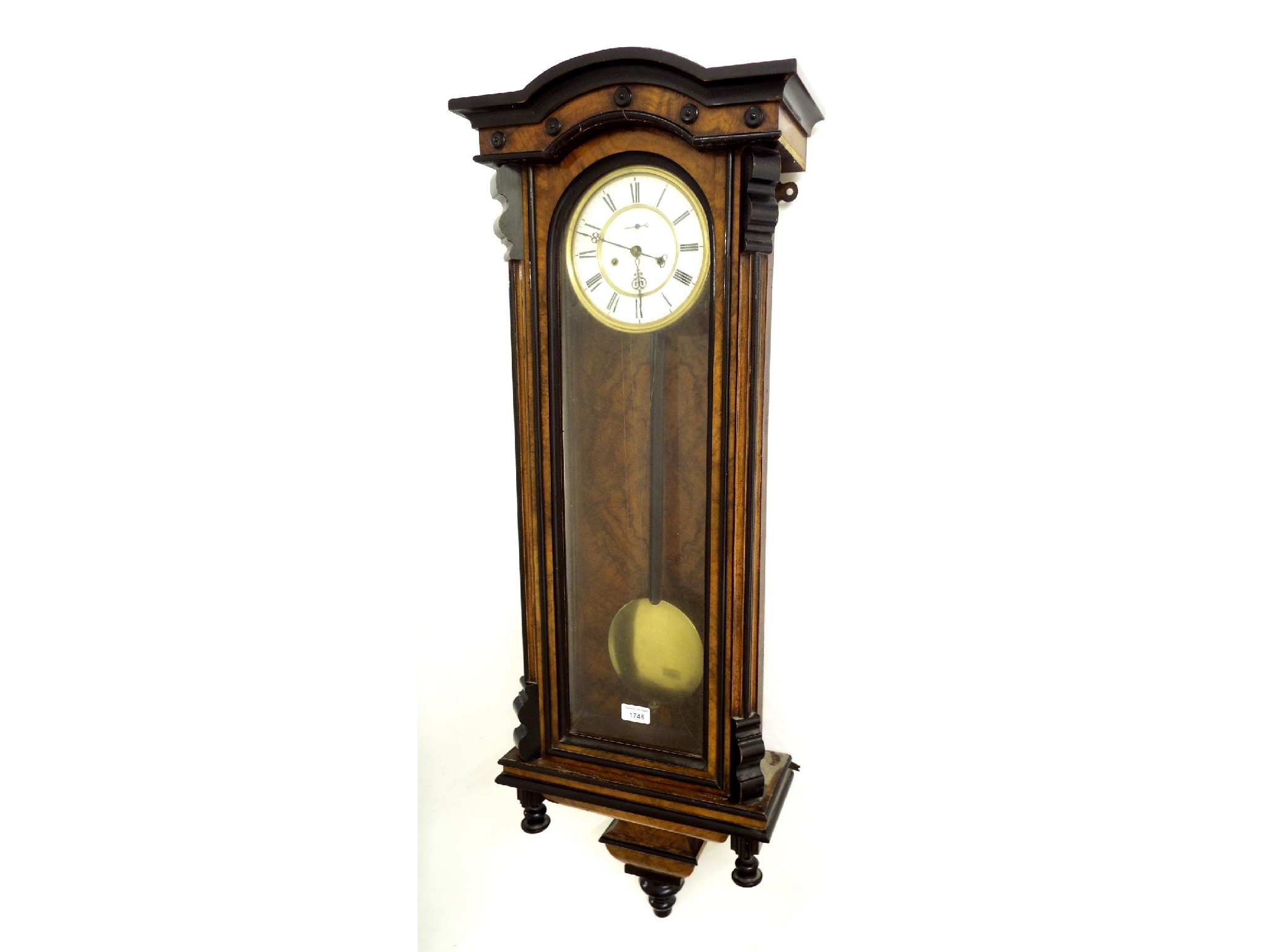 Appraisal: Walnut and ebonised double weight Vienna regulator wall clock the