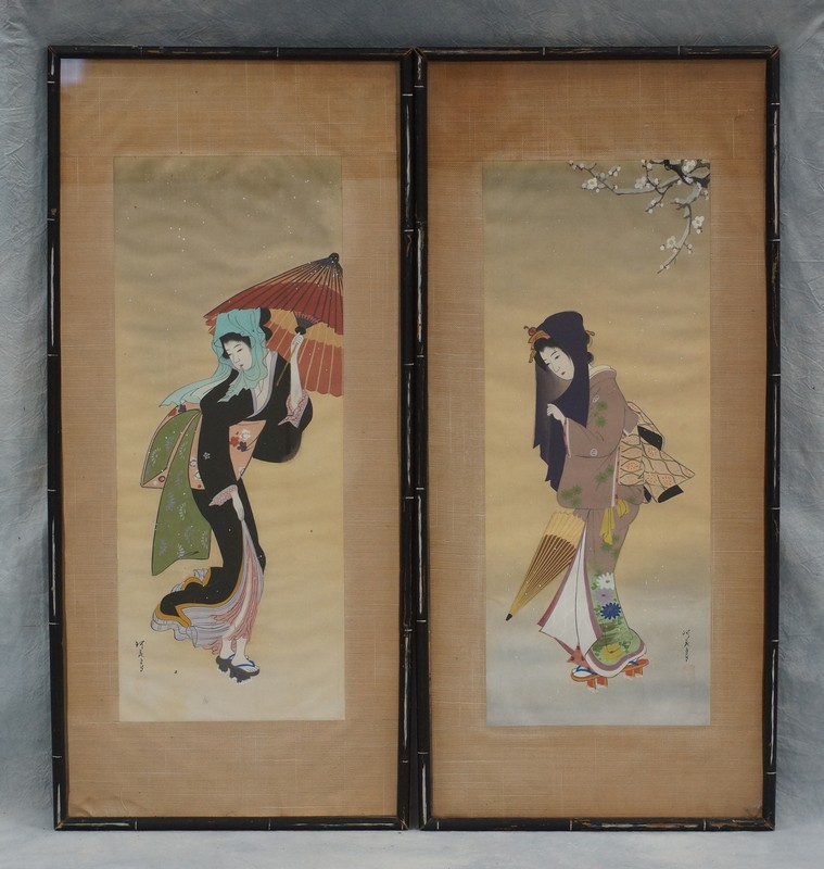 Appraisal: Pair of Japanese framed watercolors of young ladies x