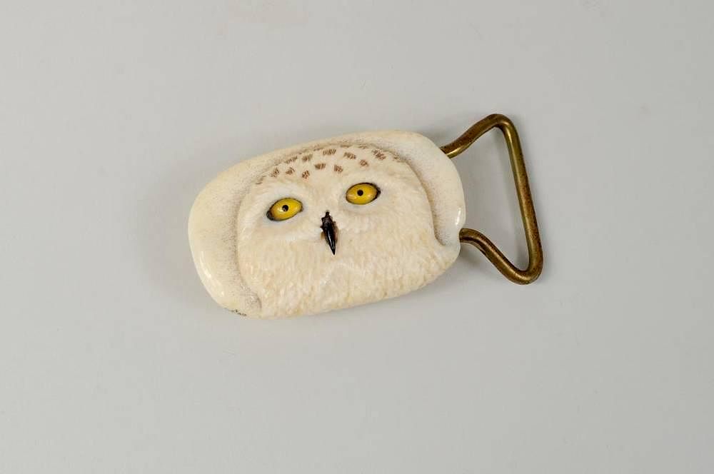 Appraisal: Inuit Carved Marine Ivory Owl Belt Buckle Inuit carved and