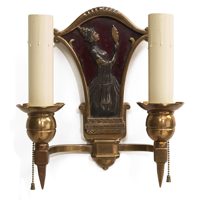 Appraisal: Unusual Oscar Bach sconces pair figural knight and maiden designs