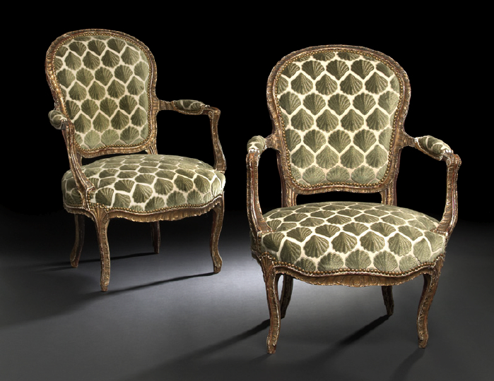 Appraisal: Attractive Pair of Louis XV Carved Giltwood Fauteuils en Cabriolet