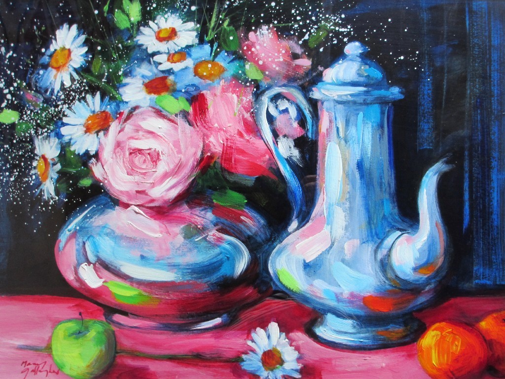 Appraisal: MARY GALLAGHER b SILVER COFFEE POT AND FLOWERS Oil on