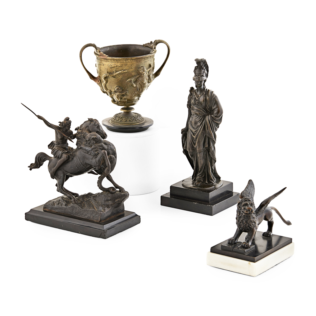 Appraisal: GROUP OF FOUR SMALL CONTINENTAL BRONZES TH CENTURY comprising AMAZON