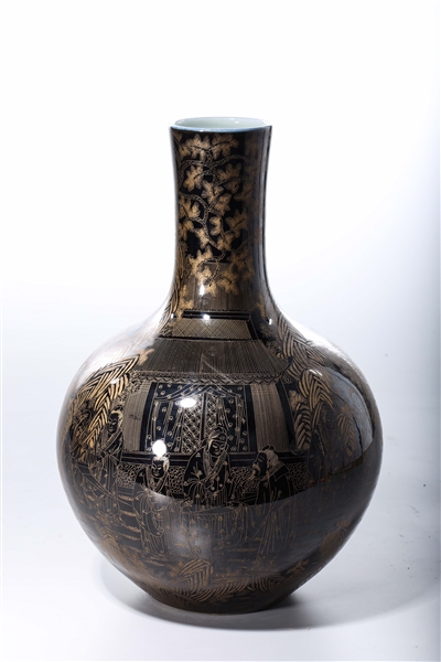 Appraisal: Chinese gilt painted black ground porcelain vase with figures in