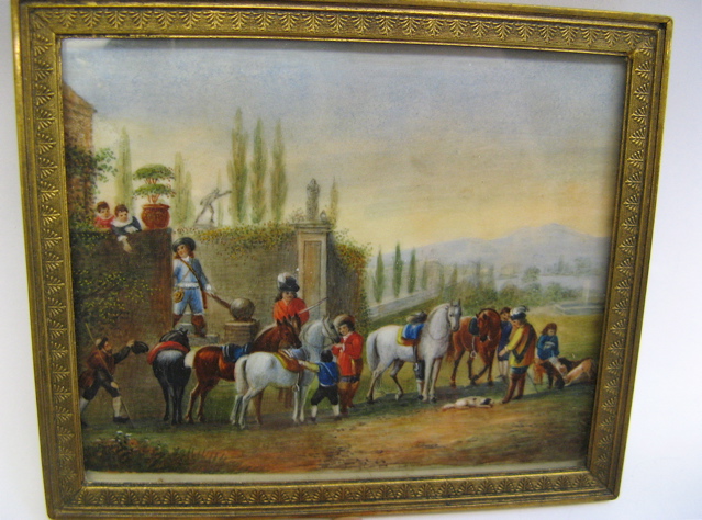 Appraisal: MINIATURE FRENCH OIL ON PANEL musketeers with horses with women