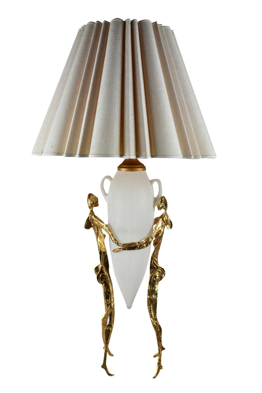 Appraisal: GILT METAL GLASS TABLE LAMPwith an off-white linen shade over