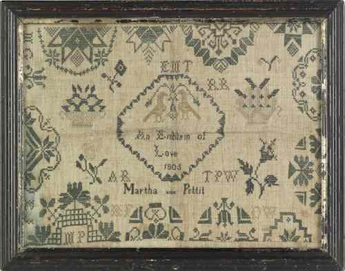 Appraisal: Two English Quaker silk on linen samplers dated and one