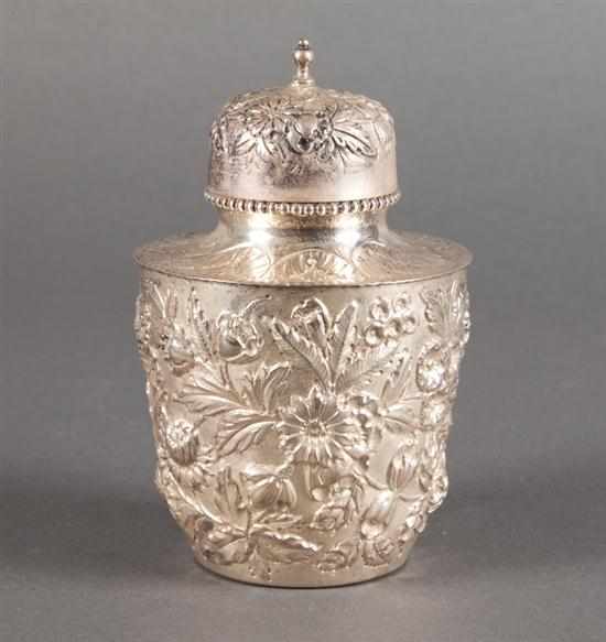 Appraisal: American repousse sterling silver tea caddy S Kirk and Son